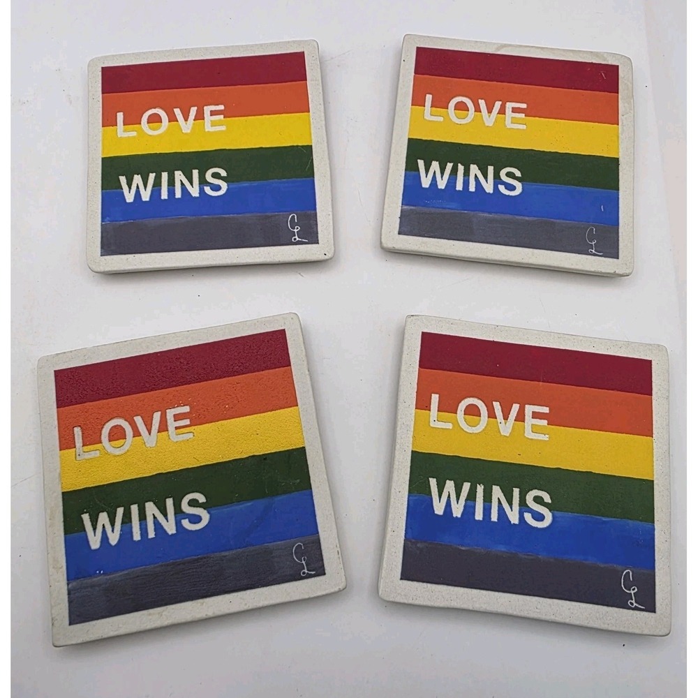 Pride Flag Love Wins Rainbow Coaster Set Barwear Cork Clay Artisan June LGBT